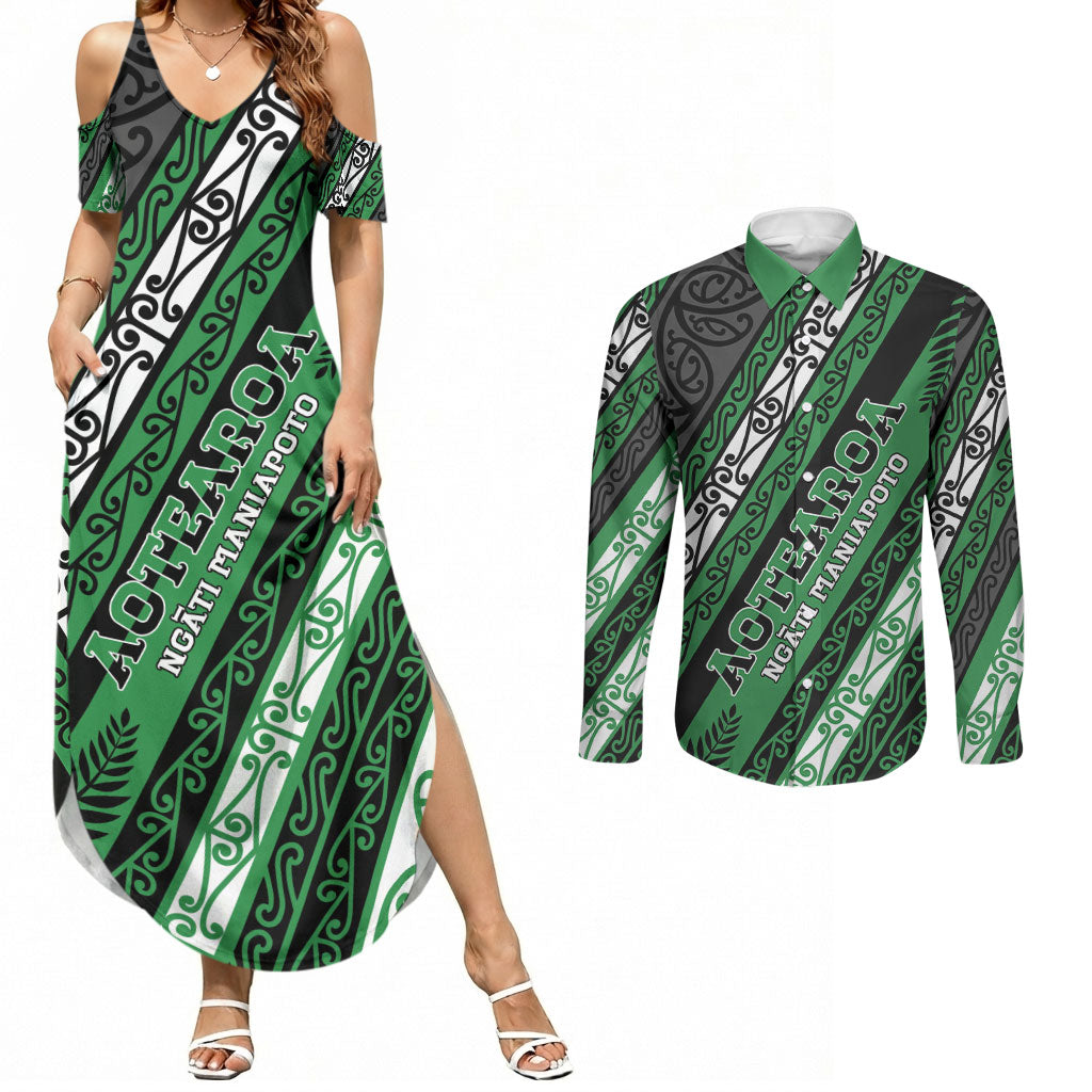 Personalised Aotearoa Ngati Maniapoto Couples Matching Summer Maxi Dress and Long Sleeve Button Shirt New Zealand Maori Tribal Fern Pattern DT05 Green - Polynesian Pride
