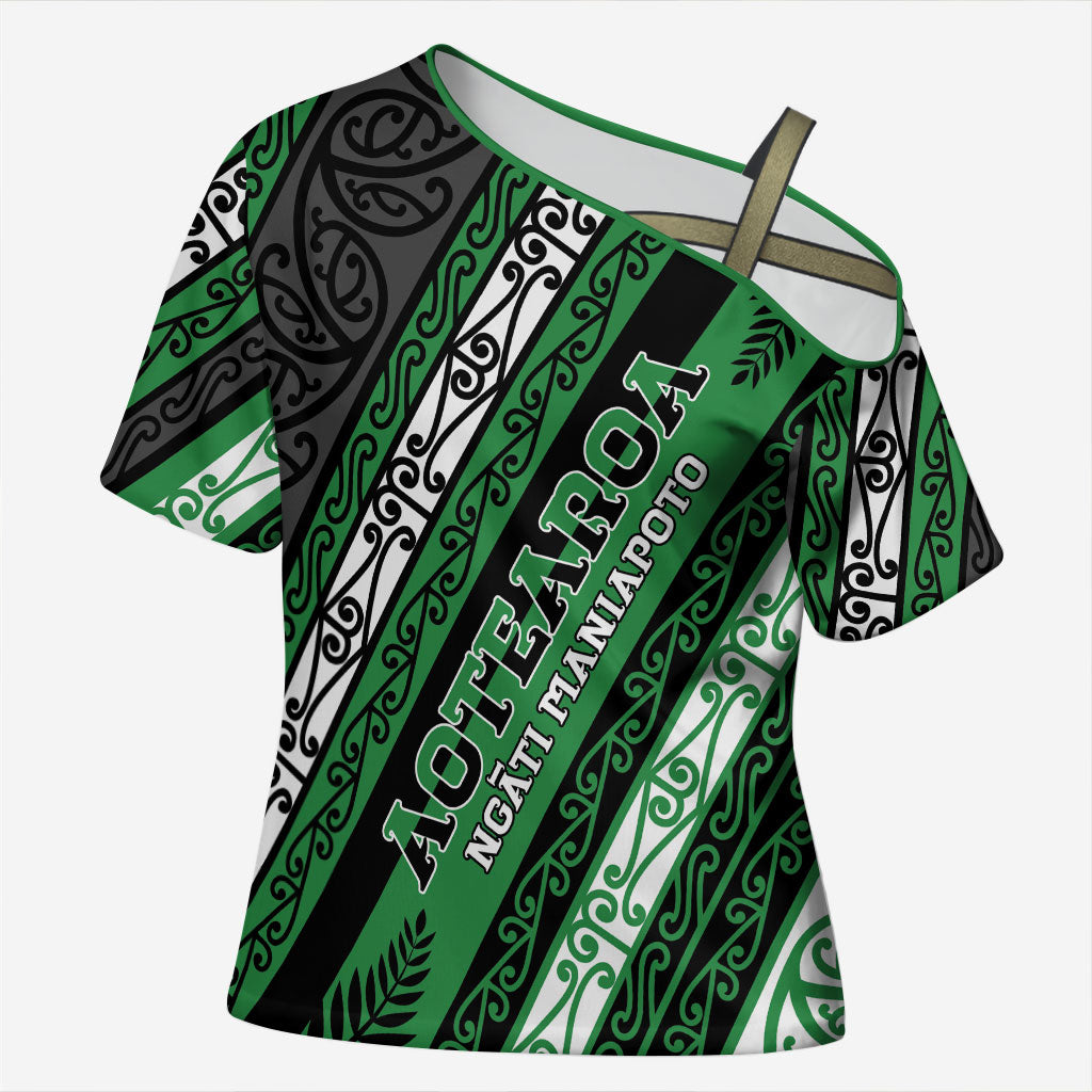 Personalised Aotearoa Ngati Maniapoto Cross Shoulder Shirt New Zealand Maori Tribal Fern Pattern DT05 Female Green - Polynesian Pride