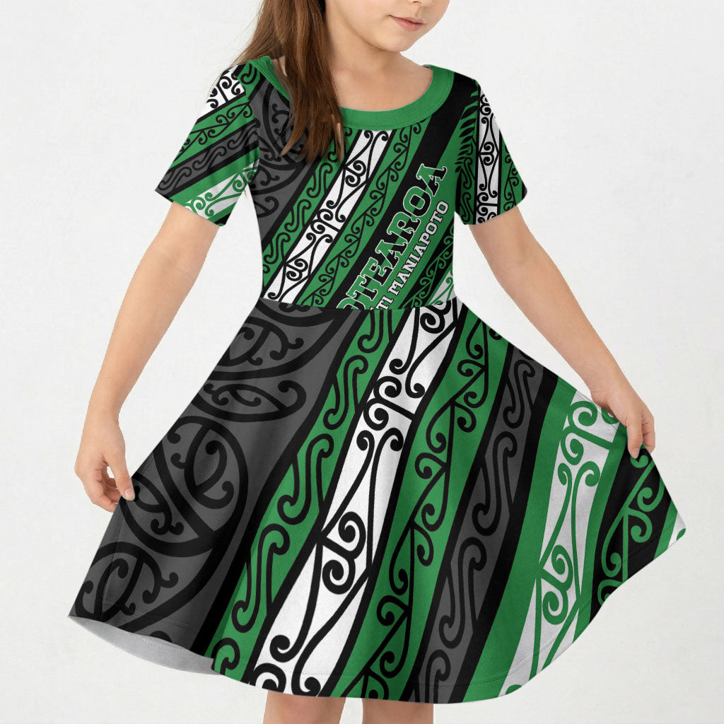 Personalised Aotearoa Ngati Maniapoto Kid Short Sleeve Dress New Zealand Maori Tribal Fern Pattern DT05 KID Green - Polynesian Pride