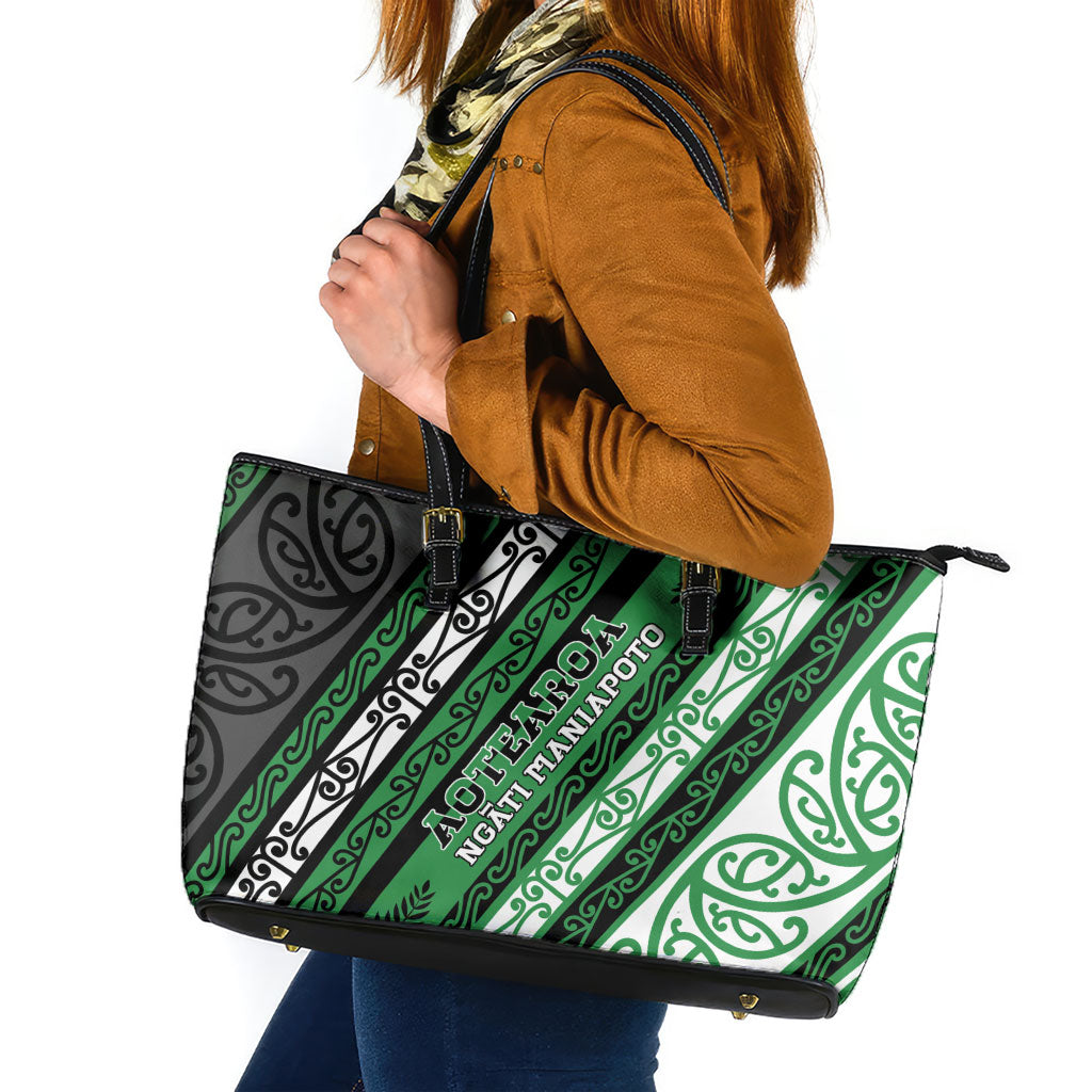 Aotearoa Ngati Maniapoto Leather Tote Bag New Zealand Maori Tribal Fern Pattern DT05 Green - Polynesian Pride
