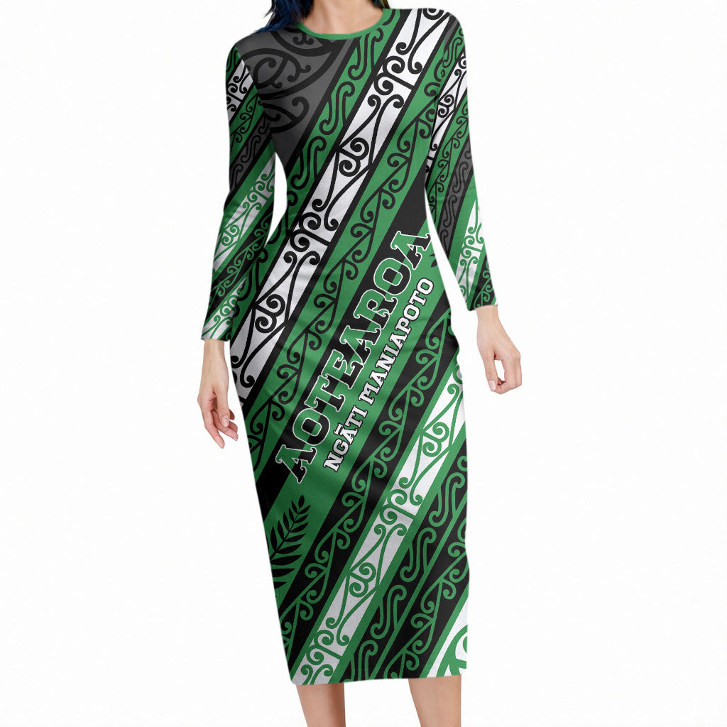 Personalised Aotearoa Ngati Maniapoto Long Sleeve Bodycon Dress New Zealand Maori Tribal Fern Pattern DT05 Long Dress Green - Polynesian Pride