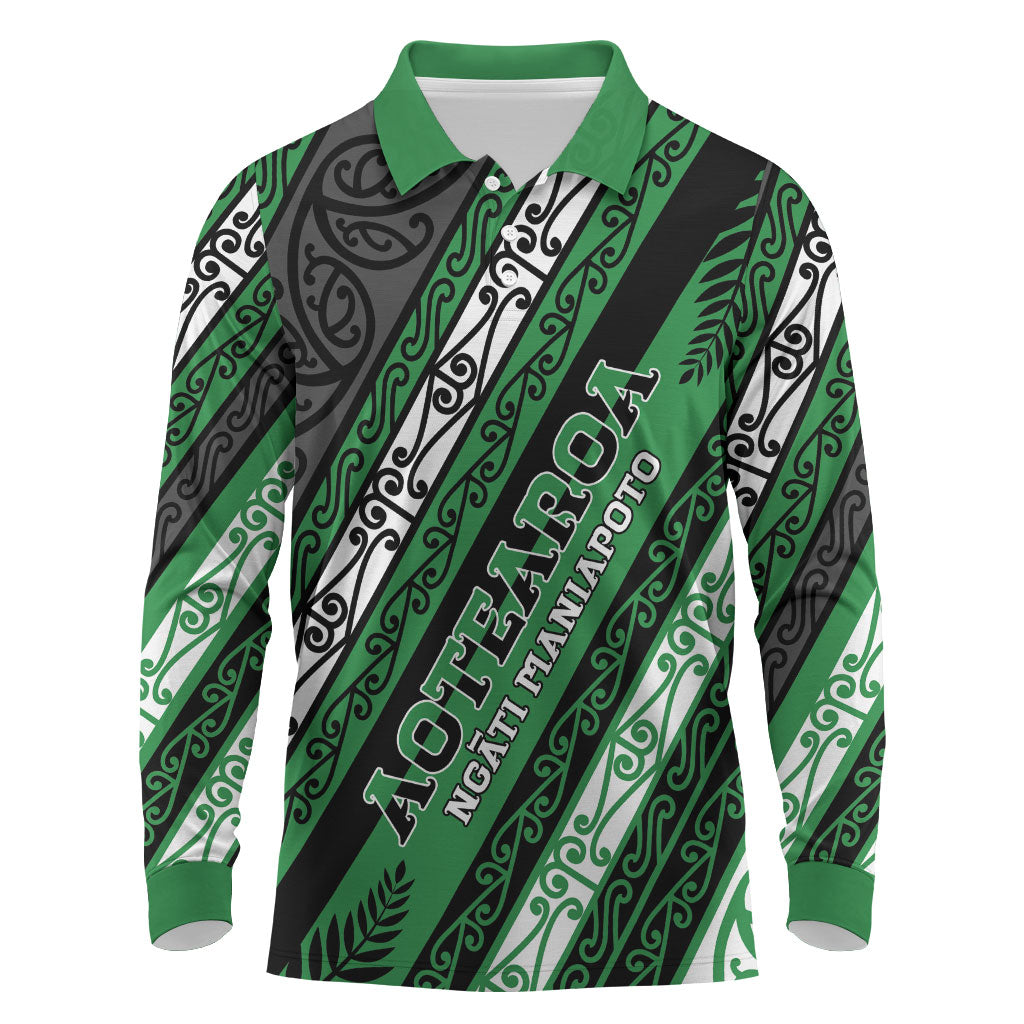 Personalised Aotearoa Ngati Maniapoto Long Sleeve Polo Shirt New Zealand Maori Tribal Fern Pattern DT05 Green - Polynesian Pride