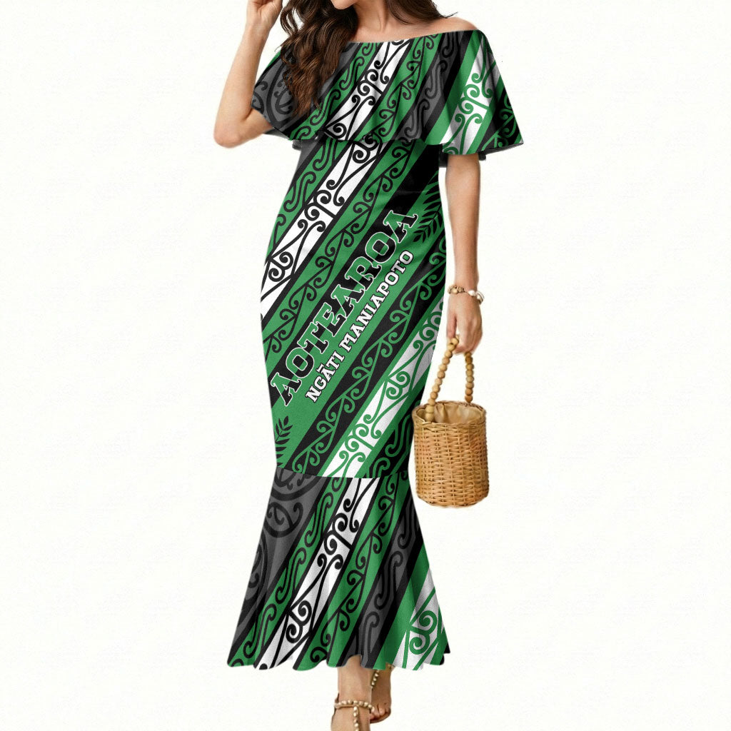 Personalised Aotearoa Ngati Maniapoto Mermaid Dress New Zealand Maori Tribal Fern Pattern DT05 Women Green - Polynesian Pride
