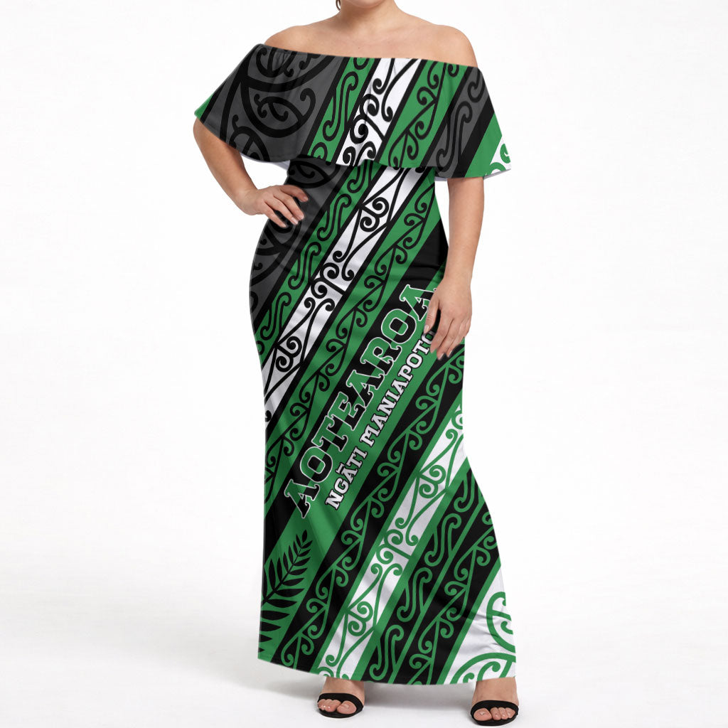 Personalised Aotearoa Ngati Maniapoto Off Shoulder Maxi Dress New Zealand Maori Tribal Fern Pattern DT05 Women Green - Polynesian Pride