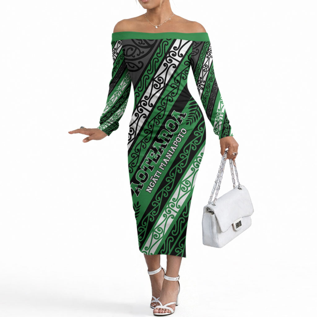 Personalised Aotearoa Ngati Maniapoto Off The Shoulder Long Sleeve Dress New Zealand Maori Tribal Fern Pattern DT05 Women Green - Polynesian Pride