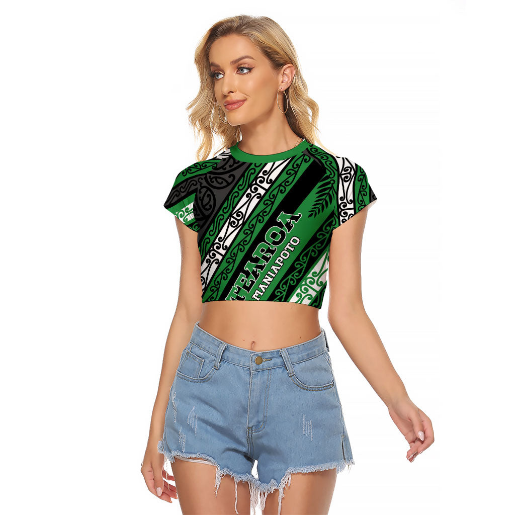 Personalised Aotearoa Ngati Maniapoto Raglan Cropped T Shirt New Zealand Maori Tribal Fern Pattern DT05 Female Green - Polynesian Pride