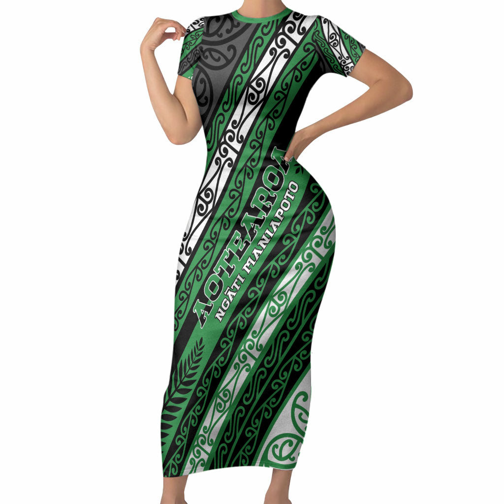 Personalised Aotearoa Ngati Maniapoto Short Sleeve Bodycon Dress New Zealand Maori Tribal Fern Pattern DT05 Long Dress Green - Polynesian Pride