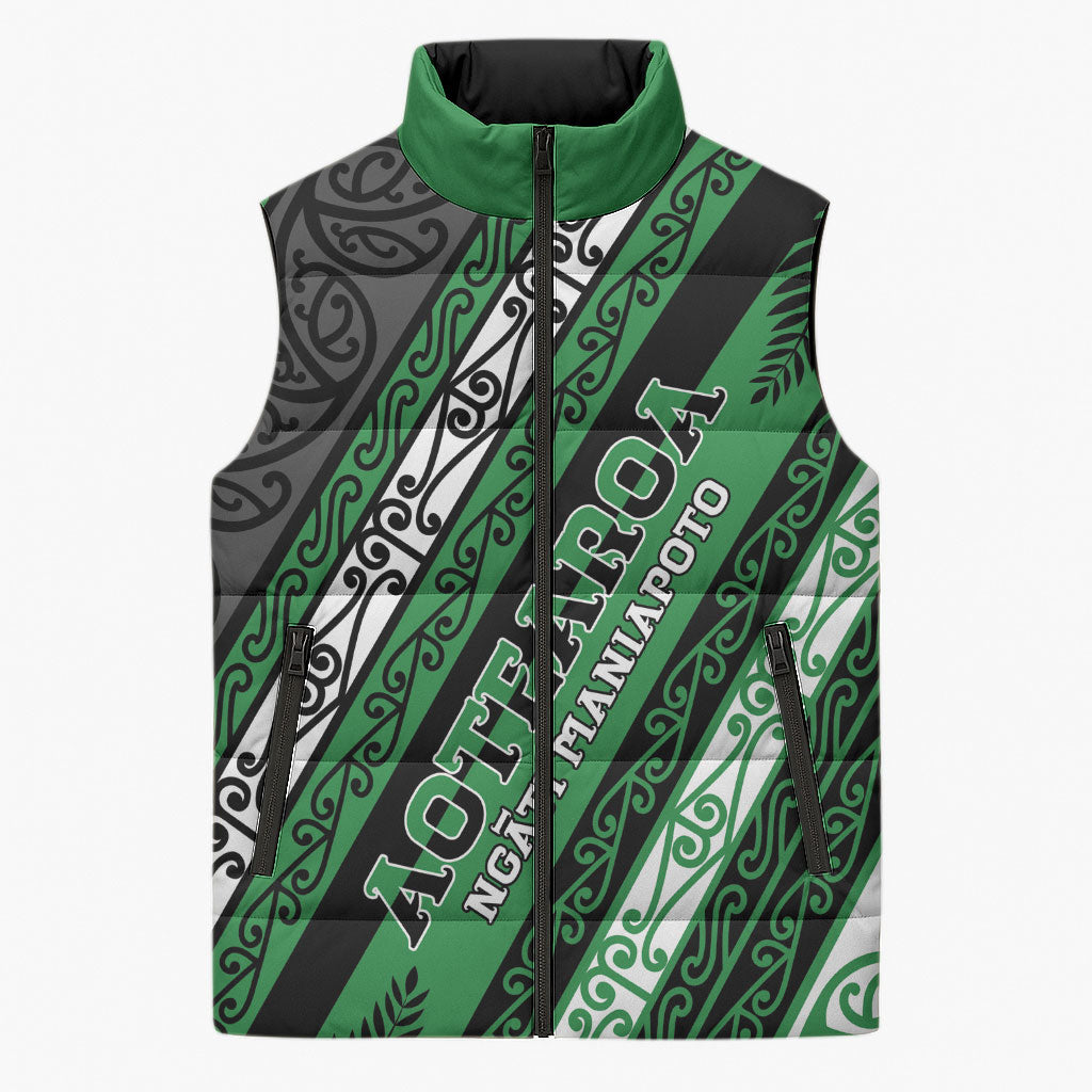 Personalised Aotearoa Ngati Maniapoto Sleeveless Puffer Jacket New Zealand Maori Tribal Fern Pattern DT05 Unisex Green - Polynesian Pride