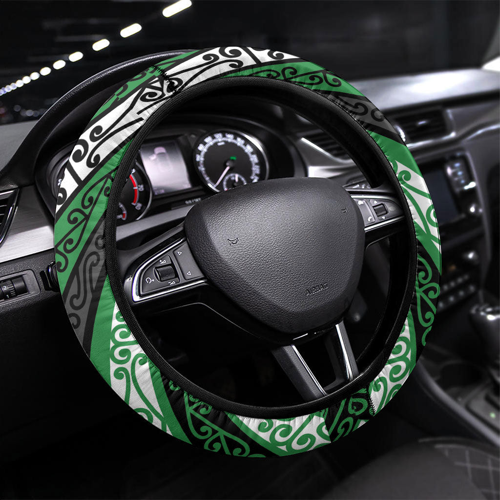 Aotearoa Ngati Maniapoto Steering Wheel Cover New Zealand Maori Tribal Fern Pattern DT05 Universal Fit Green - Polynesian Pride