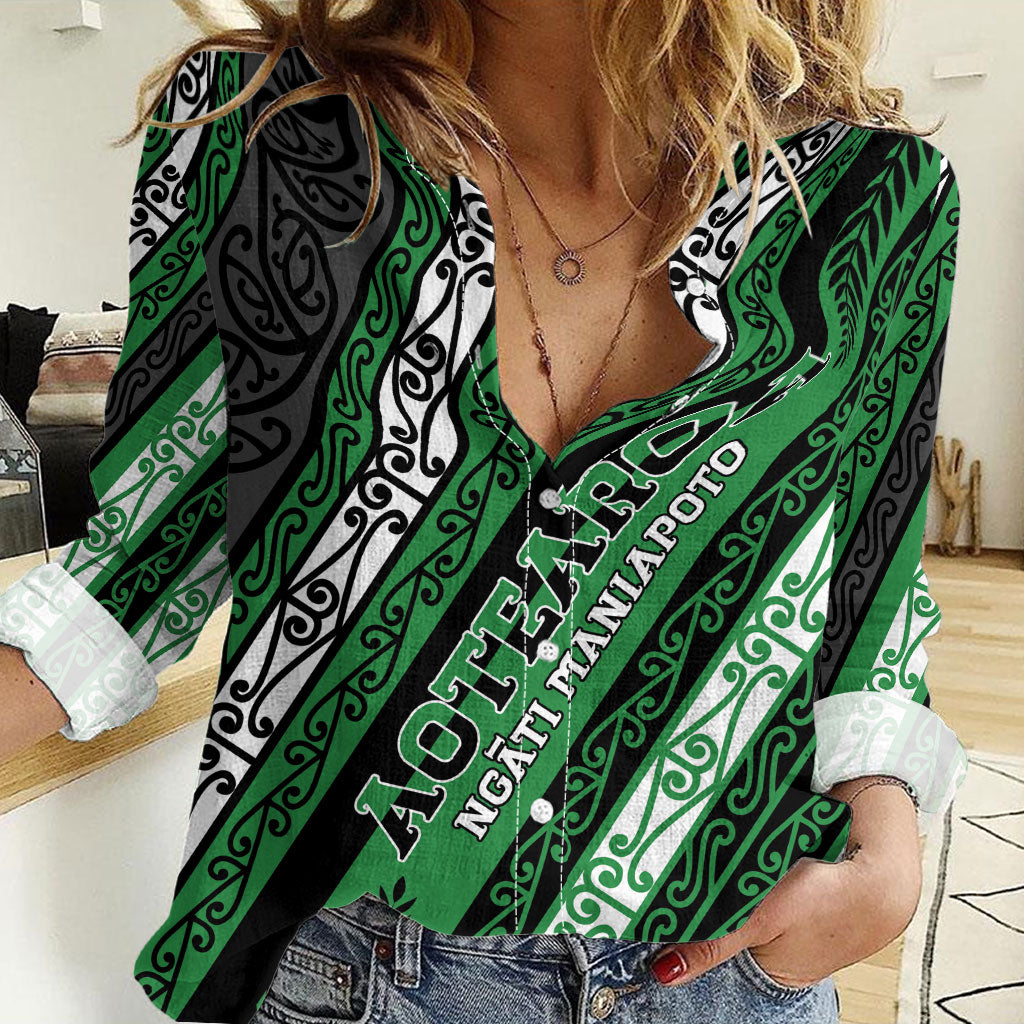 Personalised Aotearoa Ngati Maniapoto Women Casual Shirt New Zealand Maori Tribal Fern Pattern DT05 Female Green - Polynesian Pride