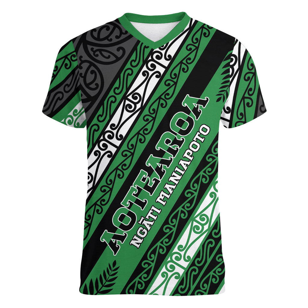 Personalised Aotearoa Ngati Maniapoto Women V-Neck T-Shirt New Zealand Maori Tribal Fern Pattern DT05 Female Green - Polynesian Pride