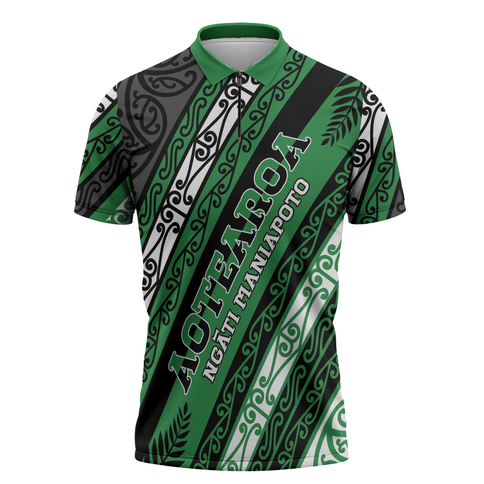 Personalised Aotearoa Ngati Maniapoto Zipper Polo Shirt New Zealand Maori Tribal Fern Pattern DT05 Green - Polynesian Pride