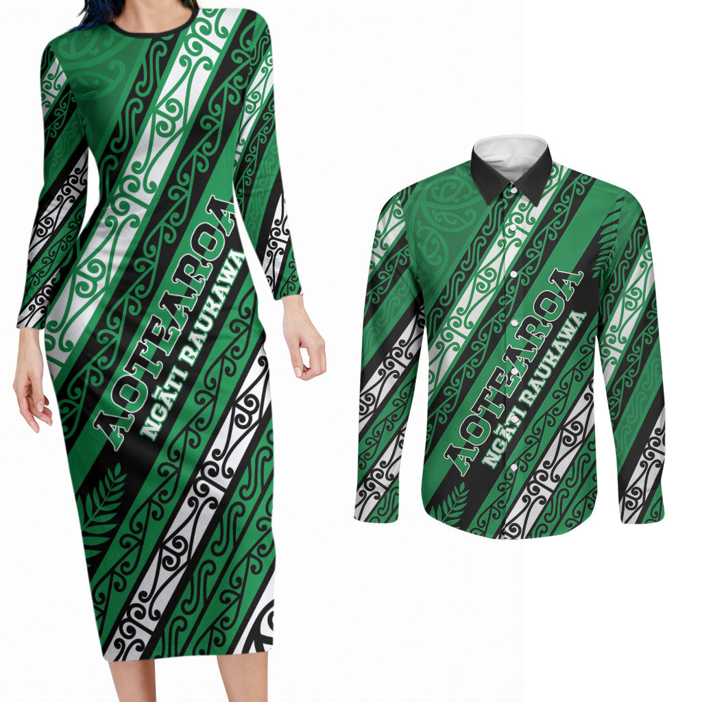 Personalised Aotearoa Ngati Raukawa Couples Matching Long Sleeve Bodycon Dress and Long Sleeve Button Shirt New Zealand Maori Tribal Fern Pattern DT05 Green - Polynesian Pride