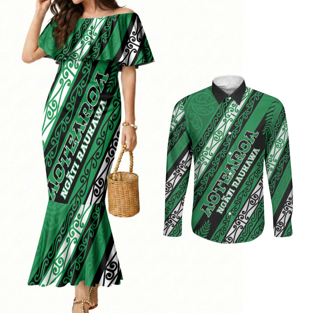Personalised Aotearoa Ngati Raukawa Couples Matching Mermaid Dress and Long Sleeve Button Shirt New Zealand Maori Tribal Fern Pattern DT05 Green - Polynesian Pride