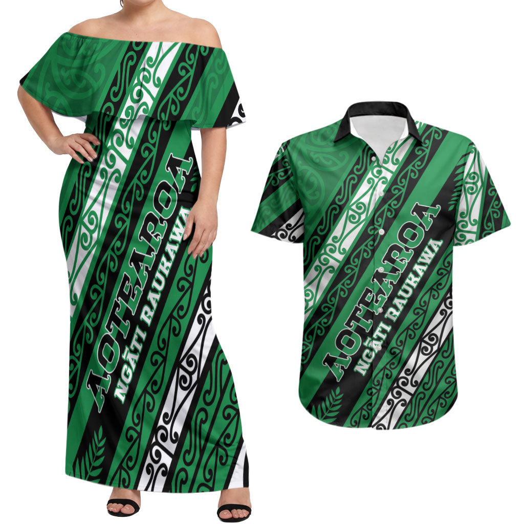Personalised Aotearoa Ngati Raukawa Couples Matching Off Shoulder Maxi Dress and Hawaiian Shirt New Zealand Maori Tribal Fern Pattern DT05 Green - Polynesian Pride