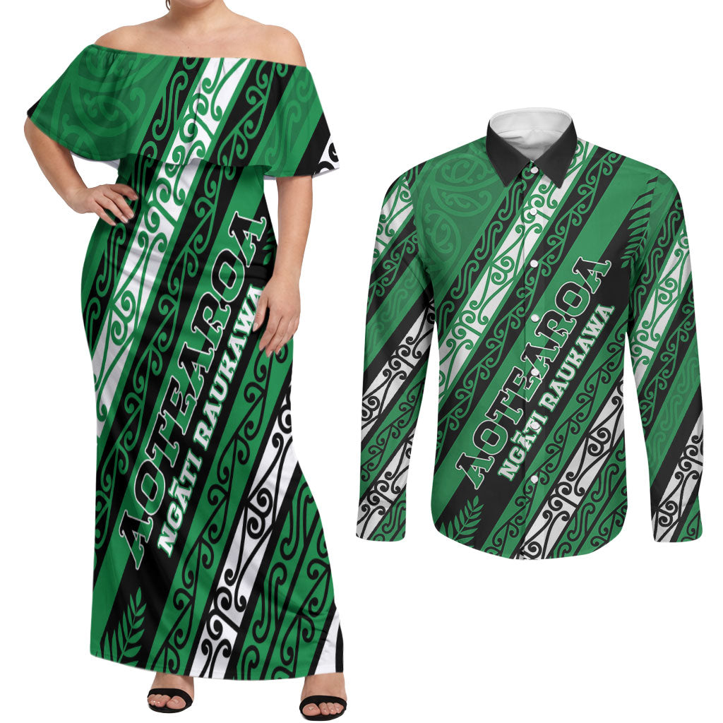 Personalised Aotearoa Ngati Raukawa Couples Matching Off Shoulder Maxi Dress and Long Sleeve Button Shirt New Zealand Maori Tribal Fern Pattern DT05 Green - Polynesian Pride