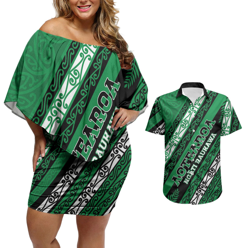 Personalised Aotearoa Ngati Raukawa Couples Matching Off Shoulder Short Dress and Hawaiian Shirt New Zealand Maori Tribal Fern Pattern