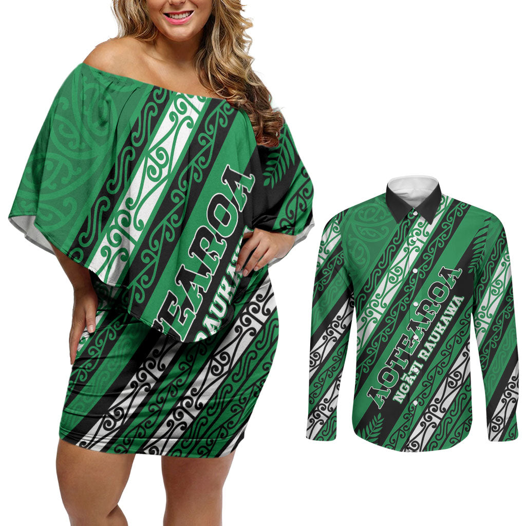 Personalised Aotearoa Ngati Raukawa Couples Matching Off Shoulder Short Dress and Long Sleeve Button Shirt New Zealand Maori Tribal Fern Pattern DT05 Green - Polynesian Pride