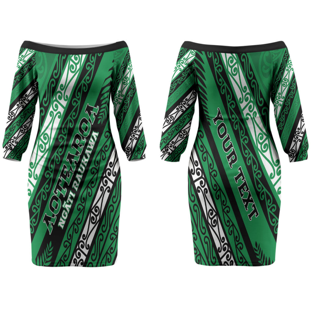 Personalised Aotearoa Ngati Raukawa Couples Matching Off The Shoulder Long Sleeve Dress and Long Sleeve Button Shirt New Zealand Maori Tribal Fern Pattern