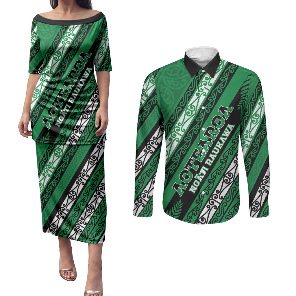 Personalised Aotearoa Ngati Raukawa Couples Matching Puletasi and Long Sleeve Button Shirt New Zealand Maori Tribal Fern Pattern DT05 Green - Polynesian Pride