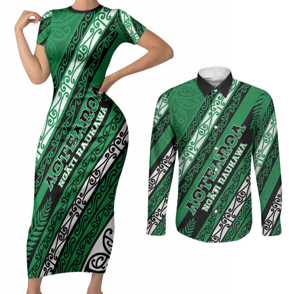 Personalised Aotearoa Ngati Raukawa Couples Matching Short Sleeve Bodycon Dress and Long Sleeve Button Shirt New Zealand Maori Tribal Fern Pattern DT05 Green - Polynesian Pride