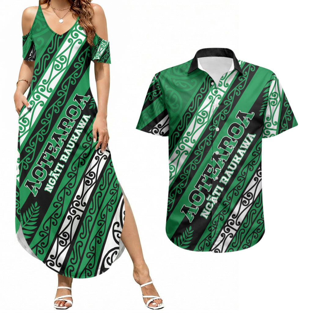Personalised Aotearoa Ngati Raukawa Couples Matching Summer Maxi Dress and Hawaiian Shirt New Zealand Maori Tribal Fern Pattern DT05 Green - Polynesian Pride