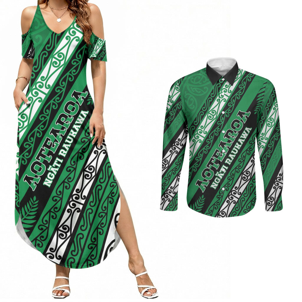 Personalised Aotearoa Ngati Raukawa Couples Matching Summer Maxi Dress and Long Sleeve Button Shirt New Zealand Maori Tribal Fern Pattern DT05 Green - Polynesian Pride
