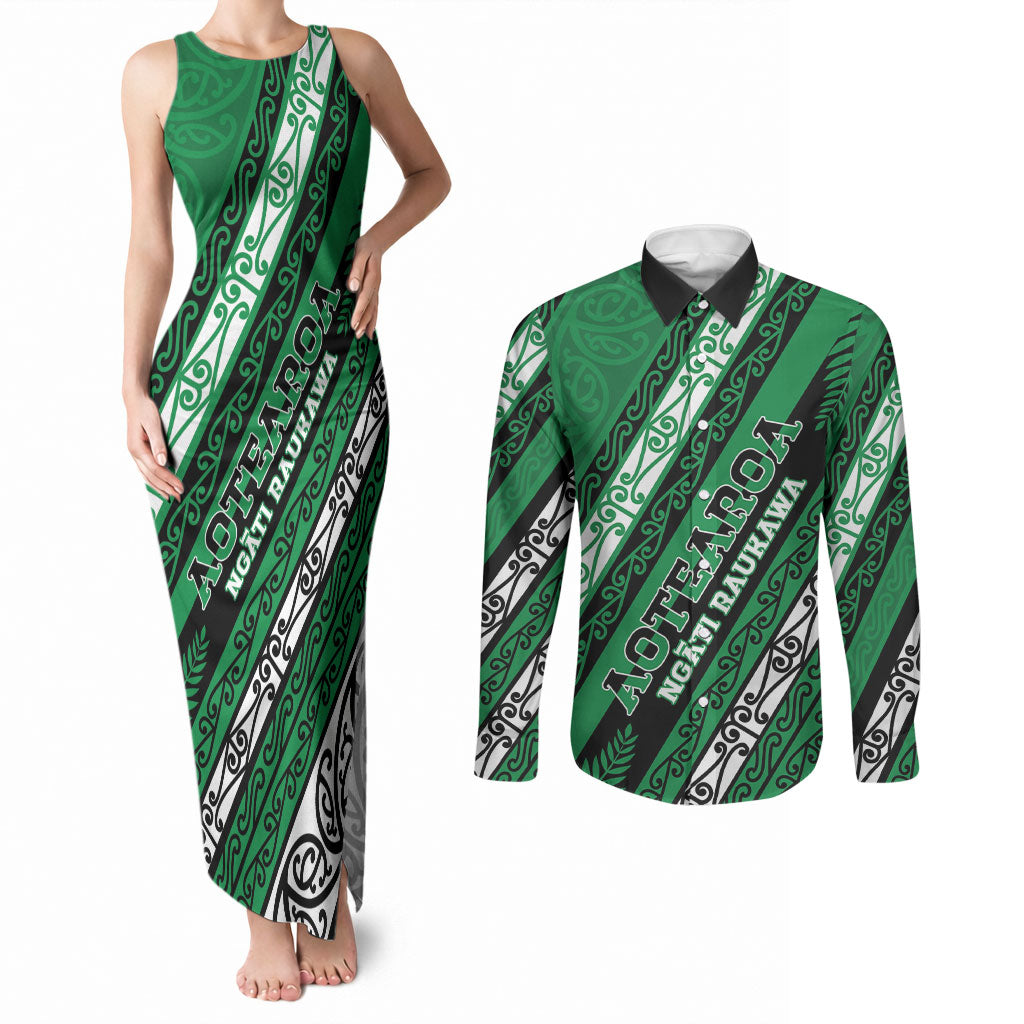 Personalised Aotearoa Ngati Raukawa Couples Matching Tank Maxi Dress and Long Sleeve Button Shirt New Zealand Maori Tribal Fern Pattern DT05 Green - Polynesian Pride