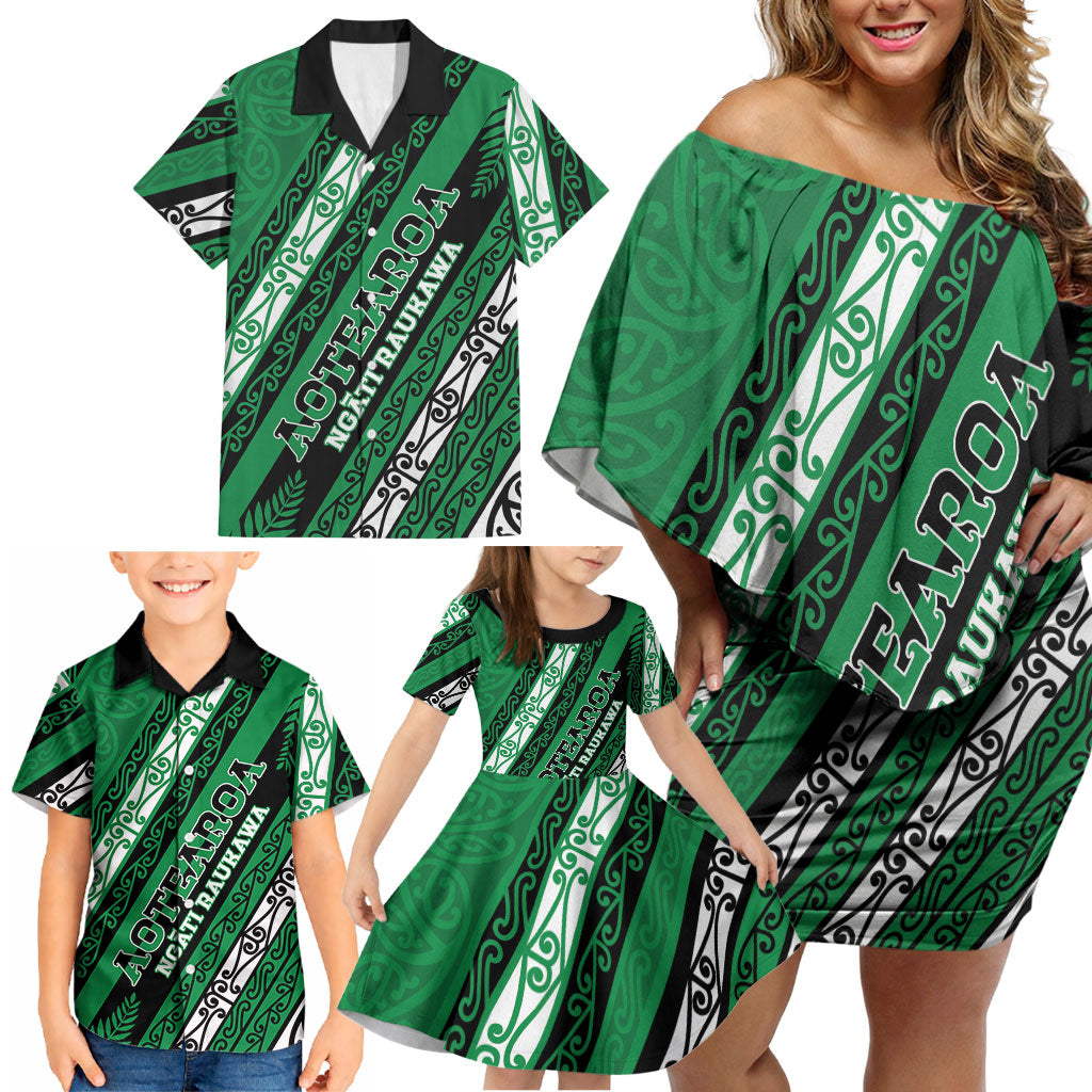 Personalised Aotearoa Ngati Raukawa Family Matching Off Shoulder Short Dress and Hawaiian Shirt New Zealand Maori Tribal Fern Pattern