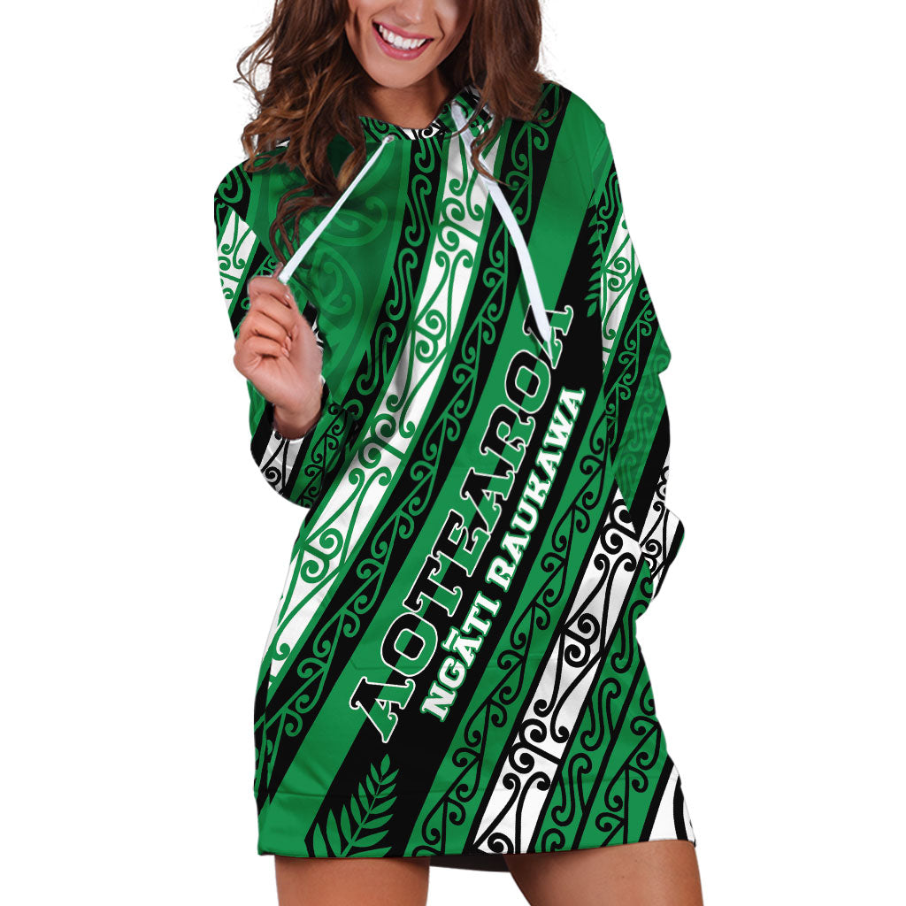 Personalised Aotearoa Ngati Raukawa Hoodie Dress New Zealand Maori Tribal Fern Pattern DT05 Green - Polynesian Pride