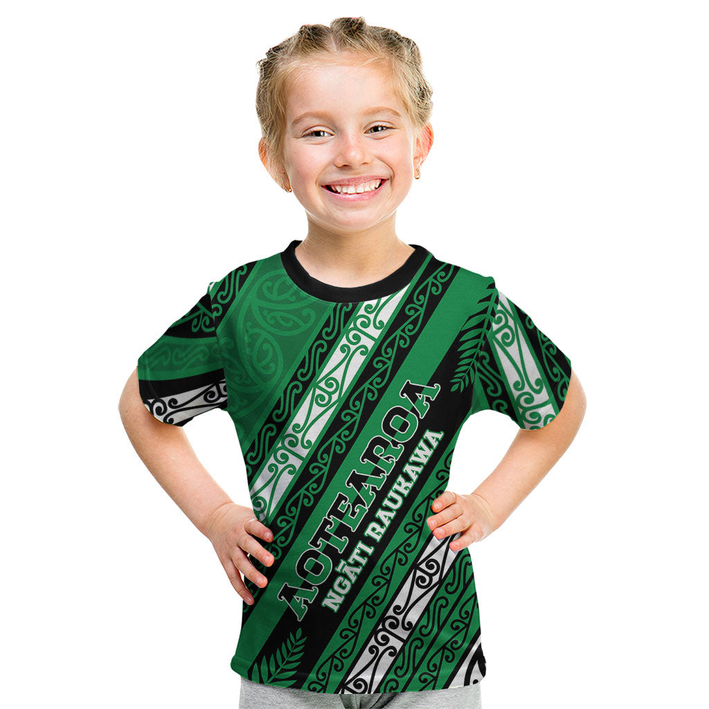 Personalised Aotearoa Ngati Raukawa Kid T Shirt New Zealand Maori Tribal Fern Pattern DT05 Green - Polynesian Pride