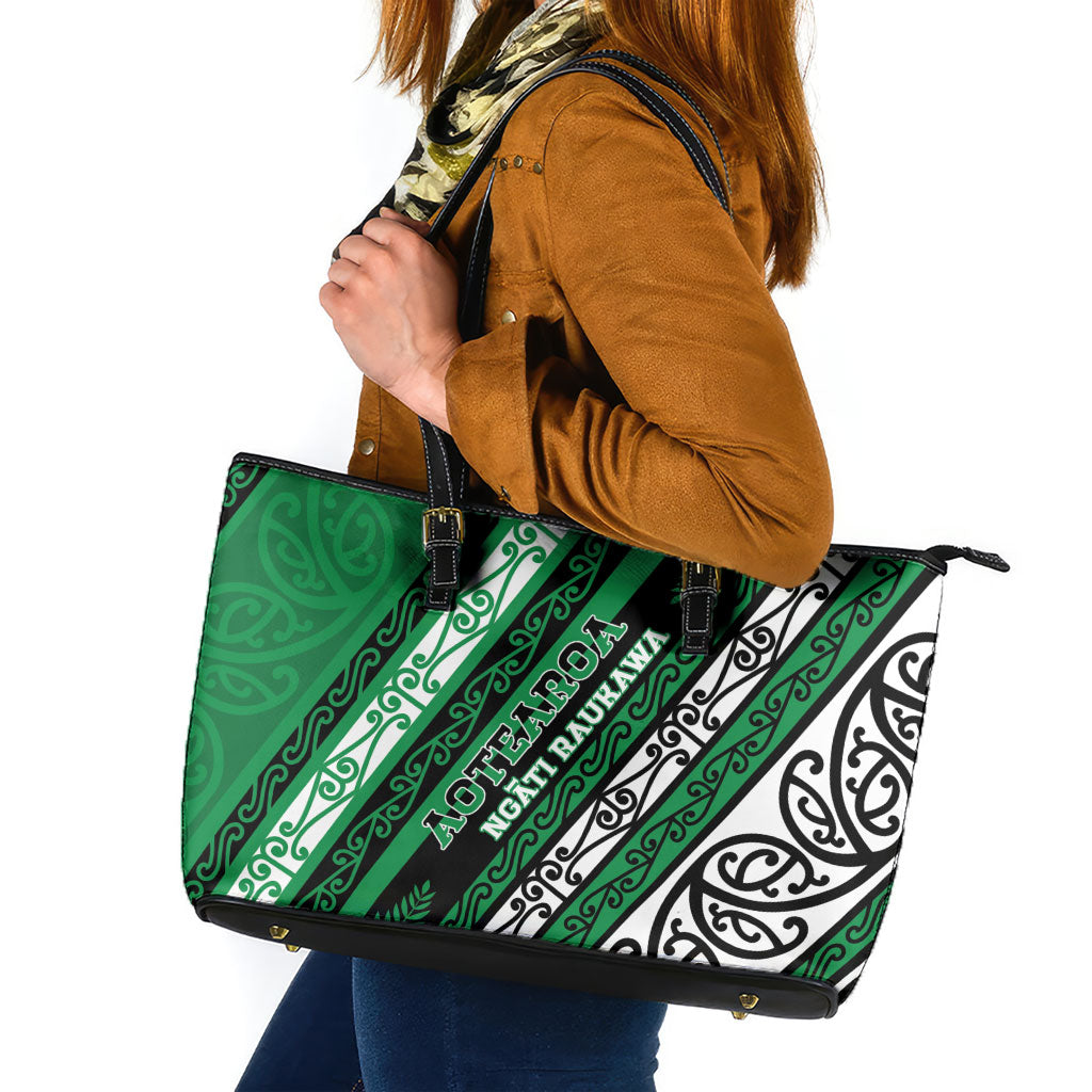 Aotearoa Ngati Raukawa Leather Tote Bag New Zealand Maori Tribal Fern Pattern DT05 Green - Polynesian Pride
