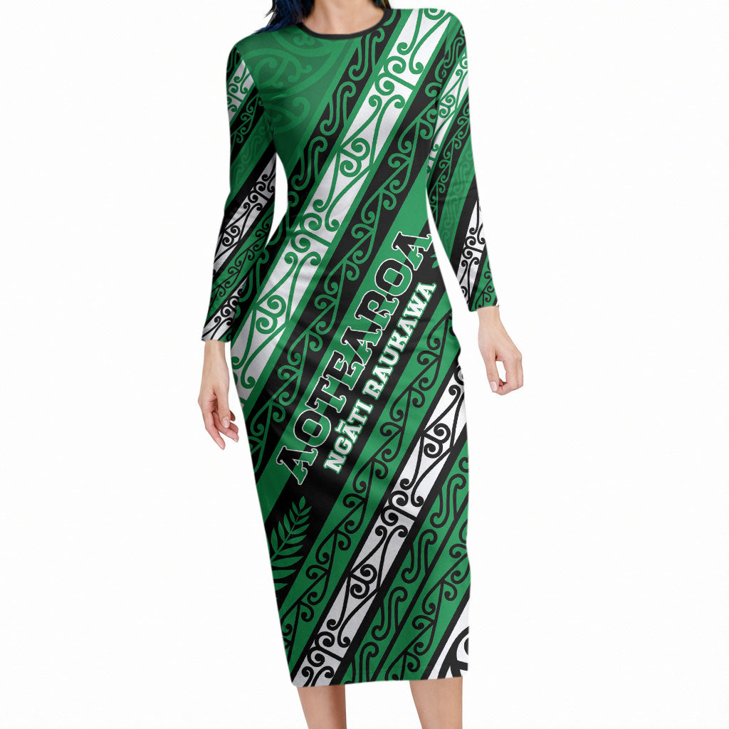 Personalised Aotearoa Ngati Raukawa Long Sleeve Bodycon Dress New Zealand Maori Tribal Fern Pattern DT05 Long Dress Green - Polynesian Pride
