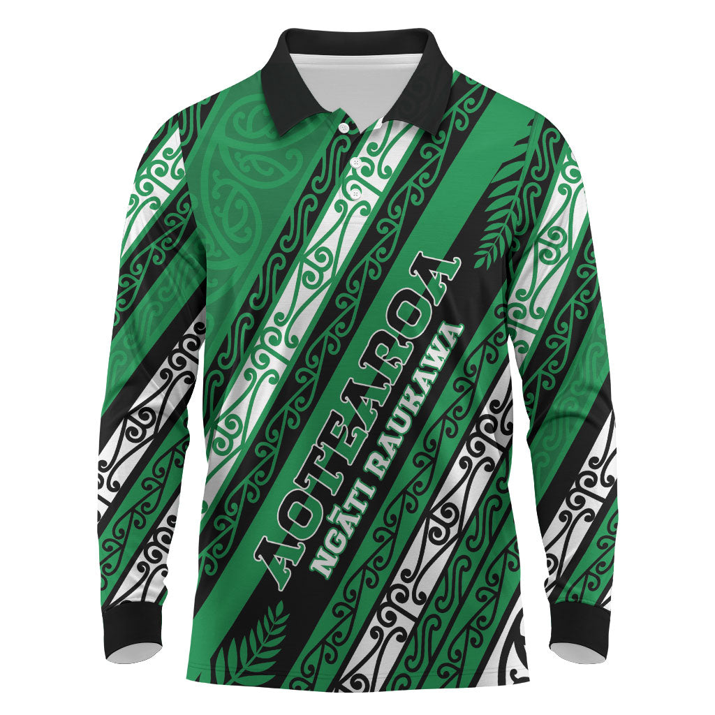 Personalised Aotearoa Ngati Raukawa Long Sleeve Polo Shirt New Zealand Maori Tribal Fern Pattern DT05 Green - Polynesian Pride