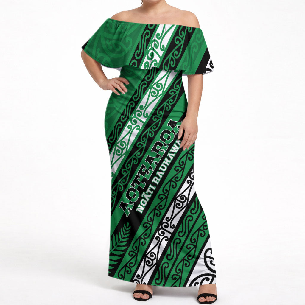 Personalised Aotearoa Ngati Raukawa Off Shoulder Maxi Dress New Zealand Maori Tribal Fern Pattern DT05 Women Green - Polynesian Pride