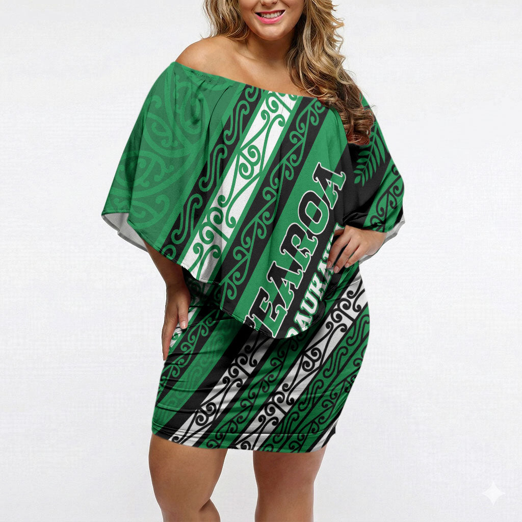 Personalised Aotearoa Ngati Raukawa Off Shoulder Short Dress New Zealand Maori Tribal Fern Pattern DT05 Women Green - Polynesian Pride