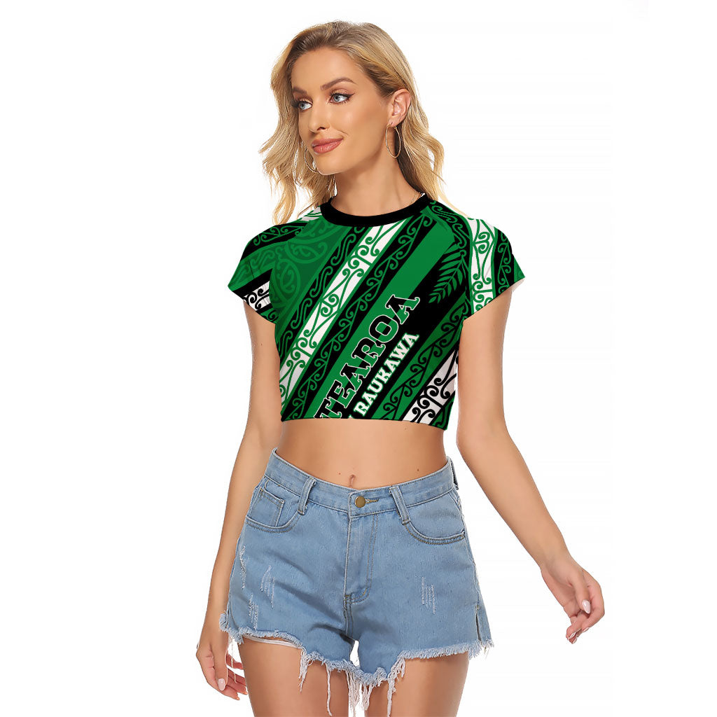 Personalised Aotearoa Ngati Raukawa Raglan Cropped T Shirt New Zealand Maori Tribal Fern Pattern DT05 Female Green - Polynesian Pride