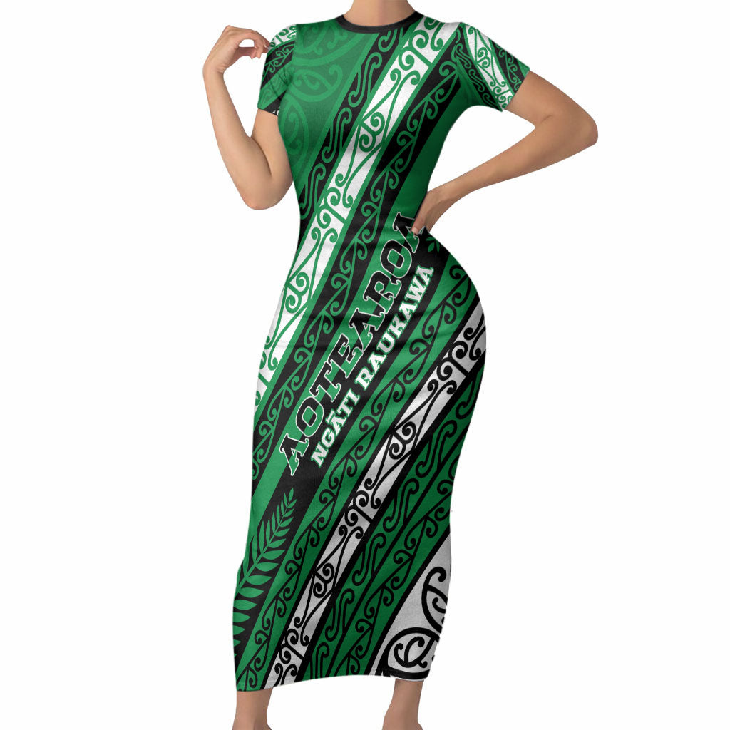 Personalised Aotearoa Ngati Raukawa Short Sleeve Bodycon Dress New Zealand Maori Tribal Fern Pattern DT05 Long Dress Green - Polynesian Pride