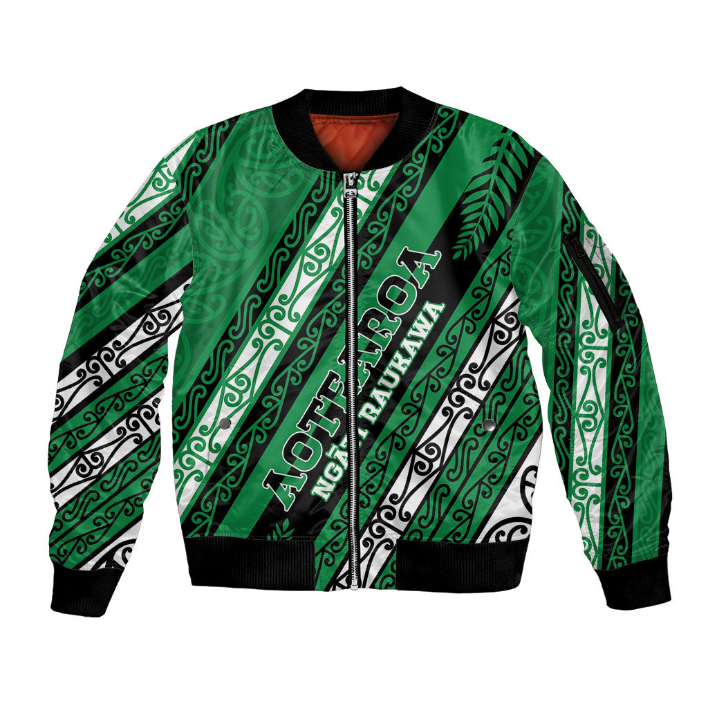 Personalised Aotearoa Ngati Raukawa Sleeve Zip Bomber Jacket New Zealand Maori Tribal Fern Pattern DT05 Unisex Green - Polynesian Pride