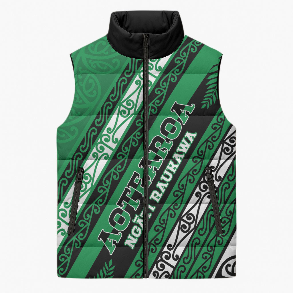 Personalised Aotearoa Ngati Raukawa Sleeveless Puffer Jacket New Zealand Maori Tribal Fern Pattern DT05 Unisex Green - Polynesian Pride
