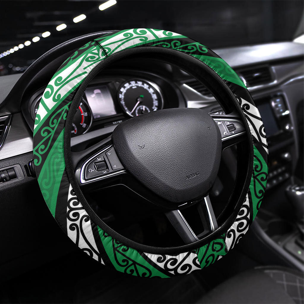 Aotearoa Ngati Raukawa Steering Wheel Cover New Zealand Maori Tribal Fern Pattern DT05 Universal Fit Green - Polynesian Pride
