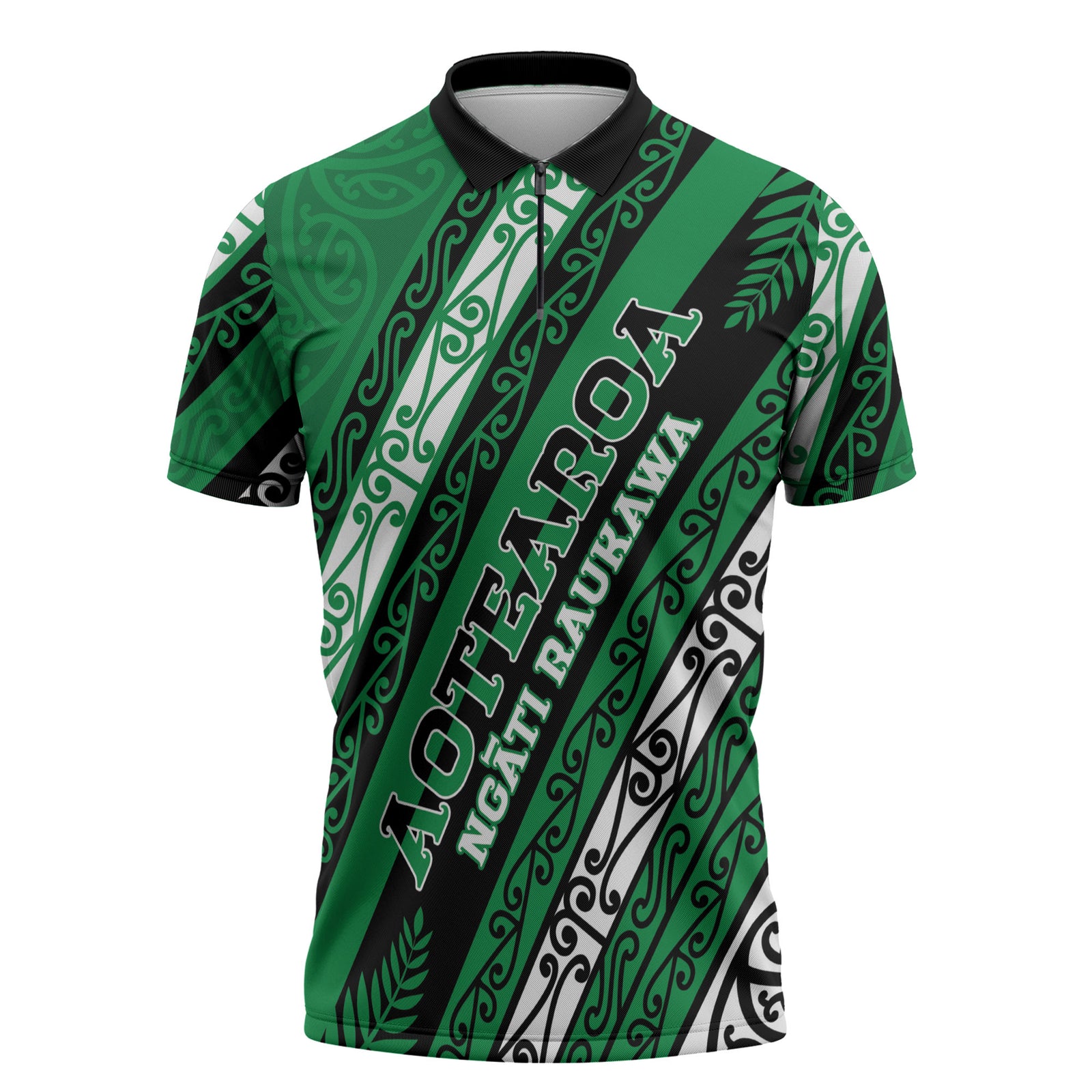 Personalised Aotearoa Ngati Raukawa Zipper Polo Shirt New Zealand Maori Tribal Fern Pattern DT05 Green - Polynesian Pride