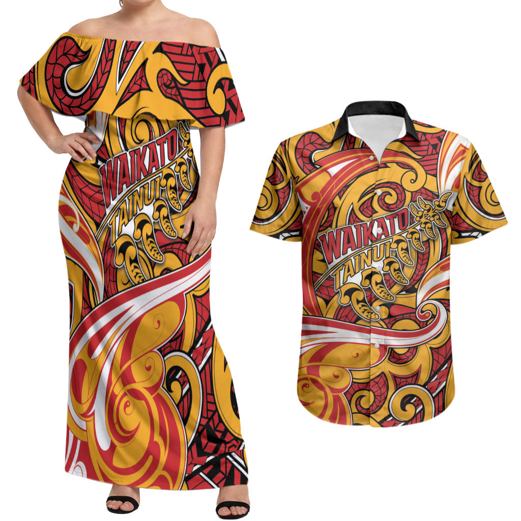 Custom Aotearoa Waikato Tainui Couples Matching Off Shoulder Maxi Dress and Hawaiian Shirt Maori Tribal Pattern Koru Motif DT05 Yellow - Polynesian Pride