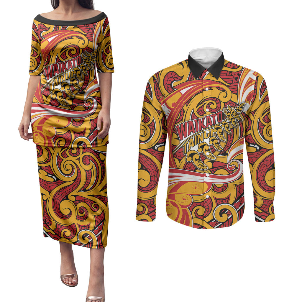 Custom Aotearoa Waikato Tainui Couples Matching Puletasi and Long Sleeve Button Shirt Maori Tribal Pattern Koru Motif DT05 Yellow - Polynesian Pride