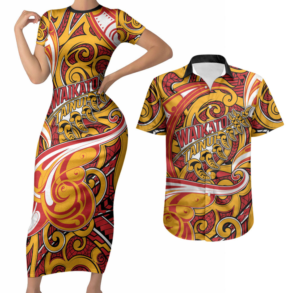 Custom Aotearoa Waikato Tainui Couples Matching Short Sleeve Bodycon Dress and Hawaiian Shirt Maori Tribal Pattern Koru Motif
