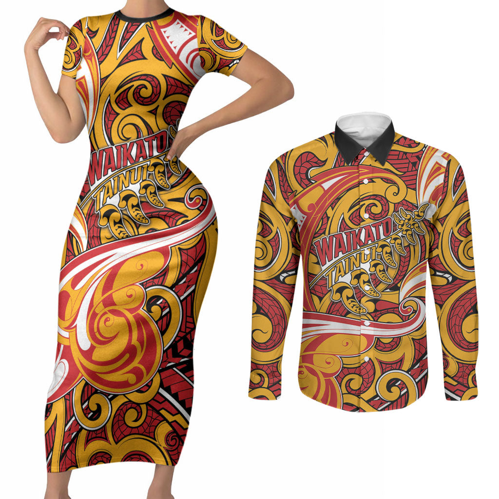 Custom Aotearoa Waikato Tainui Couples Matching Short Sleeve Bodycon Dress and Long Sleeve Button Shirt Maori Tribal Pattern Koru Motif