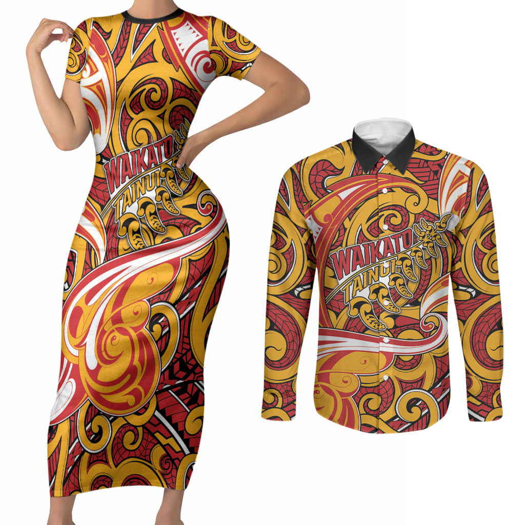 Custom Aotearoa Waikato Tainui Couples Matching Short Sleeve Bodycon Dress and Long Sleeve Button Shirt Maori Tribal Pattern Koru Motif DT05 Yellow - Polynesian Pride