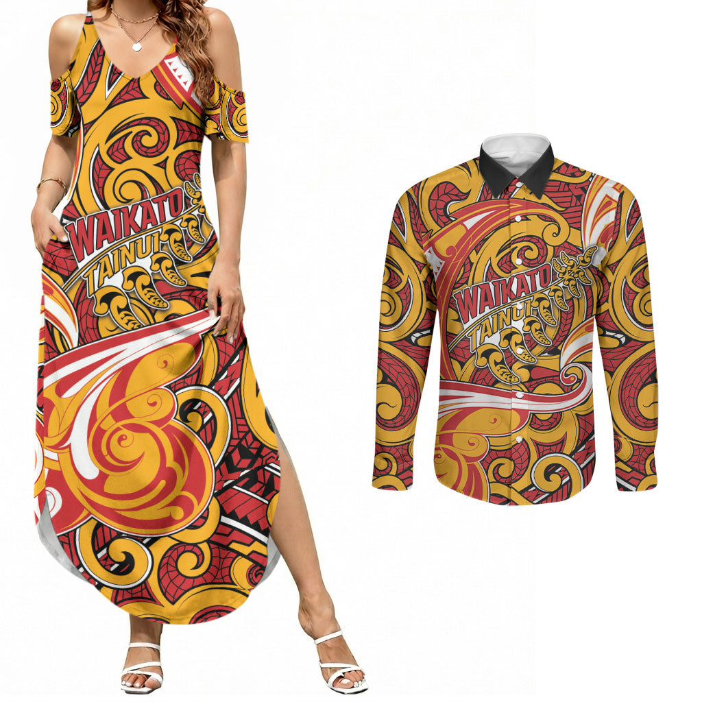 Custom Aotearoa Waikato Tainui Couples Matching Summer Maxi Dress and Long Sleeve Button Shirt Maori Tribal Pattern Koru Motif DT05 Yellow - Polynesian Pride