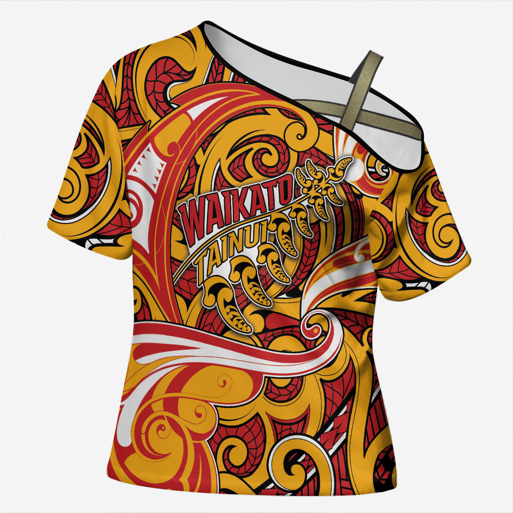 Custom Aotearoa Waikato Tainui Cross Shoulder Shirt Maori Tribal Pattern Koru Motif DT05 Female Yellow - Polynesian Pride