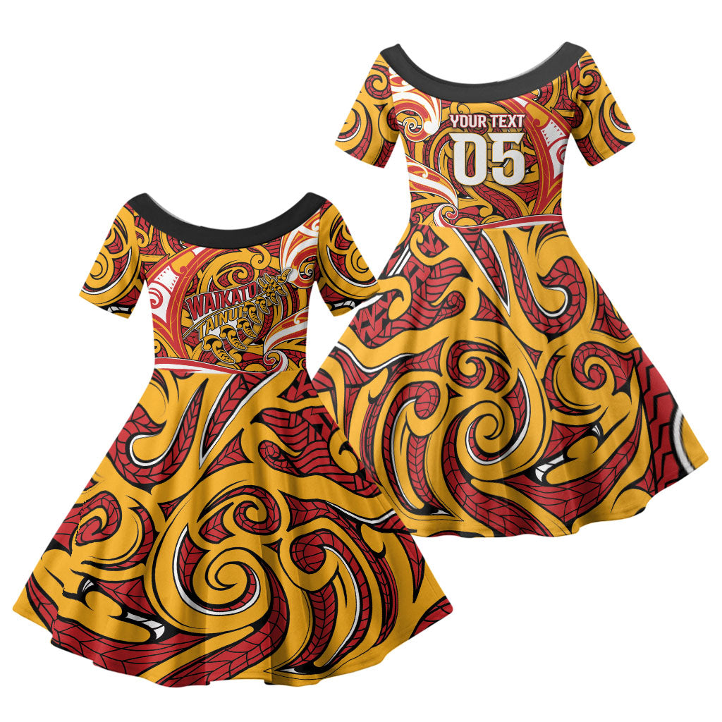 Custom Aotearoa Waikato Tainui Family Matching Off The Shoulder Long Sleeve Dress and Hawaiian Shirt Maori Tribal Pattern Koru Motif